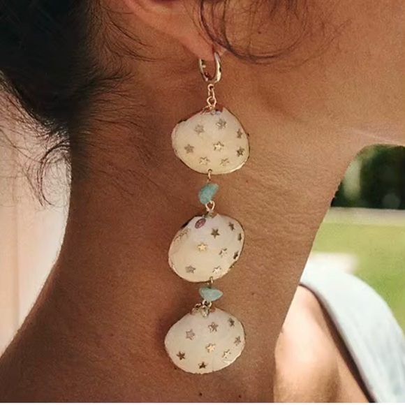 Free People Jewelry - Elegant Gold and White Star Shell And Turquoise Stone Dangle Earrings